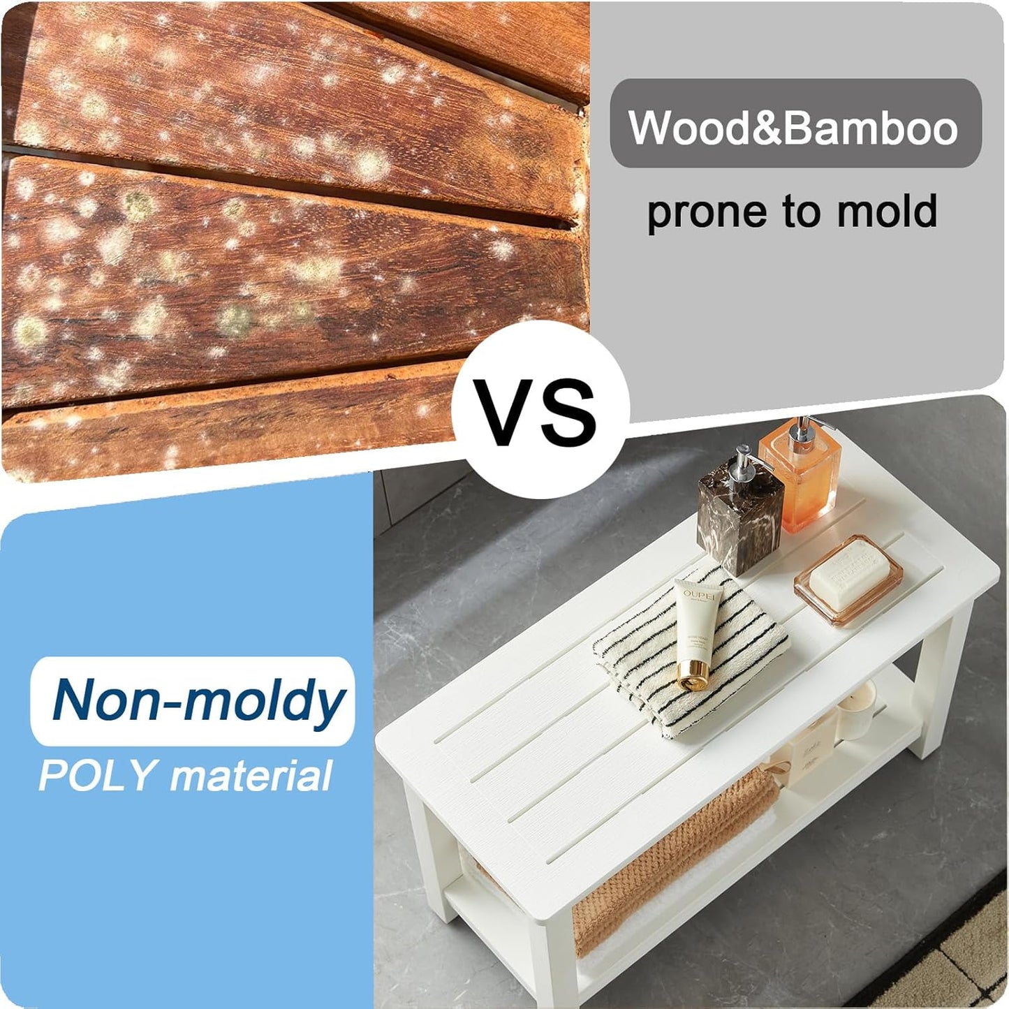 30'' Heavy Duty Shower Bench for Inside Shower, White Poly Bath Stool for Shaving Legs, Waterproof Spa Bath Chair Seat with Adjustable Feet, Non-Slip, Weight Capacity 700LBS (30 x 13 Inches)