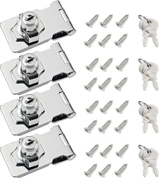 2.5 Inch Keyed Hasp Lock for Cabinets & Small Doors, Twist Knob Design, Heavy Duty Zinc Alloy with Chrome-Plated Iron, Includes Keys & Screws - Silver, 4 Pack