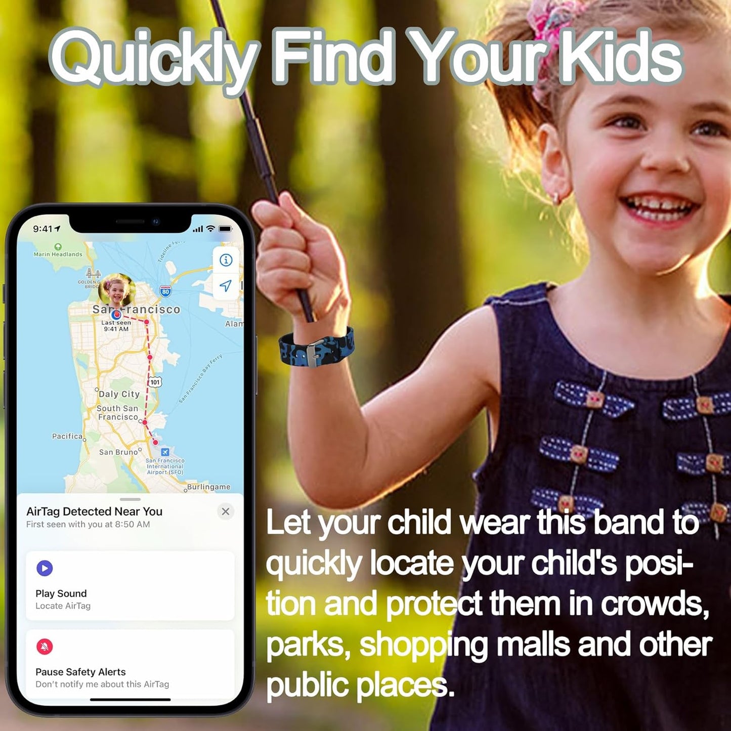 Waterproof AirTag Bracelet for Kids, Hidden Printed Wristband for Apple Air Tag, Silicone AirTag Holder GPS Tracker Case for Band for Child Toddler, Secure Anti-Lost Protection(Blue)