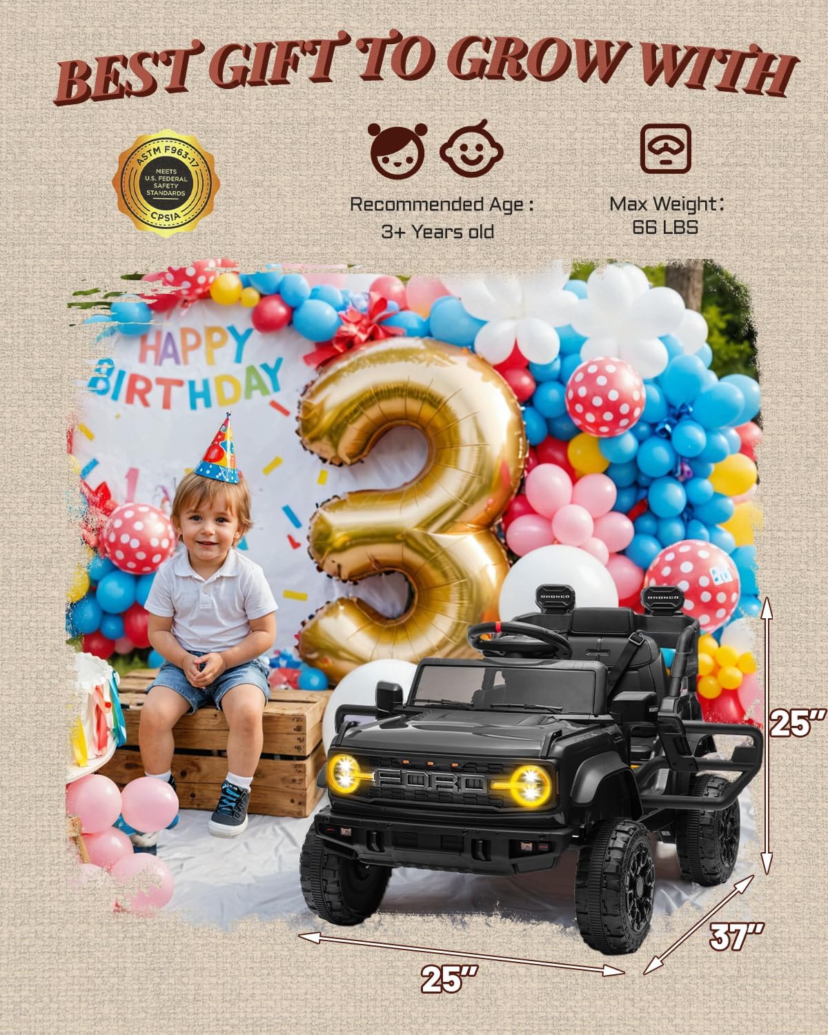 12V Ride on Toys for Kids, Licensed Ford Bronco Raptor Children Electric Vehicles, Toddler Battery Powered Car with Double Doors, 3 Point Safety Belt, Led Lights (12V, Black)