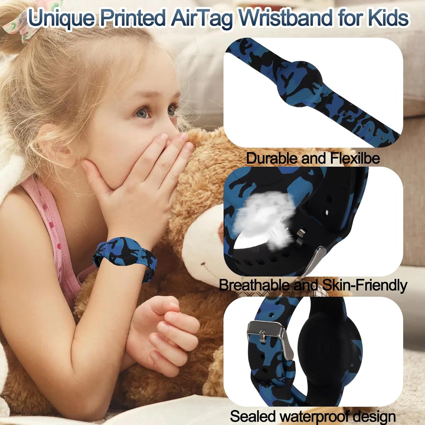 Waterproof AirTag Bracelet for Kids, Hidden Printed Wristband for Apple Air Tag, Silicone AirTag Holder GPS Tracker Case for Band for Child Toddler, Secure Anti-Lost Protection(Blue)