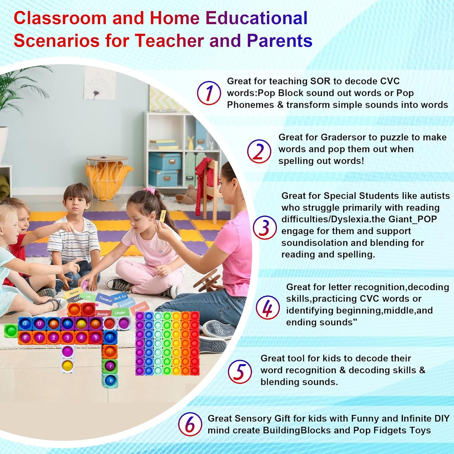 22PCS JeewLet-POP MultiSensory Pop-CVC-Fidget-Classroom-Toys。Funny Reading&Phonics Interactive Tools。Giant Rainbow Silicone Bubble&Loud Crisp Sound&DIY-Pops-Its-Fidget-Toys-Building-Block-Game