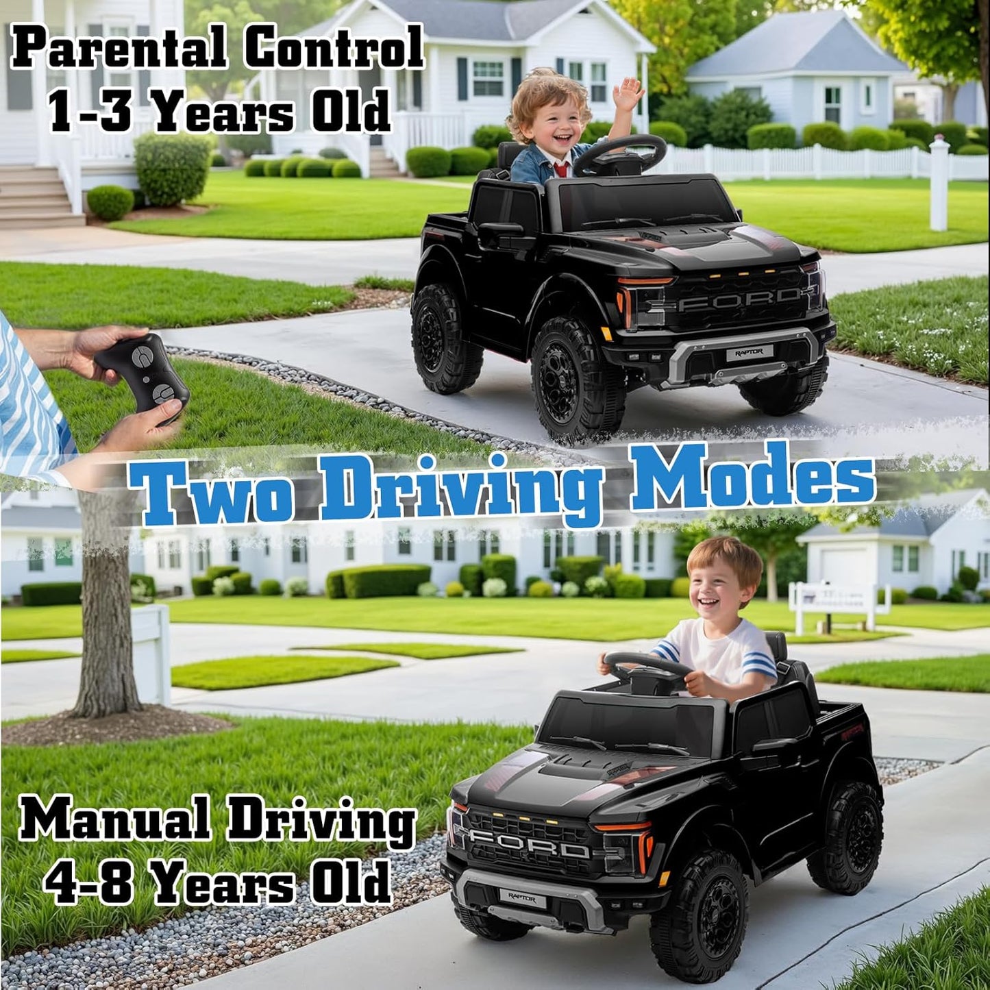 12V Ride on Car Licensed Ford F-150 Raptor, Kids Electric Car with Remote Control, LED Light/Music/MP3, Truck Bed Storage, 3-Point Seat Belt (12V, Black)