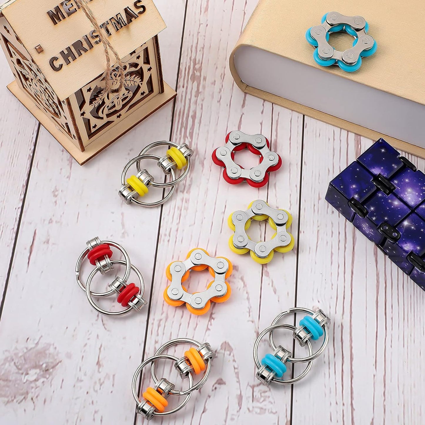 Hicarer 8 Pieces Fidget Toys Set includes 4 Flippy Roller Chain and 4 Six Roller Bike Chain Toys for Adults and Teenagers in Learning Help (Red, Sky Blue, Yellow, Orange)