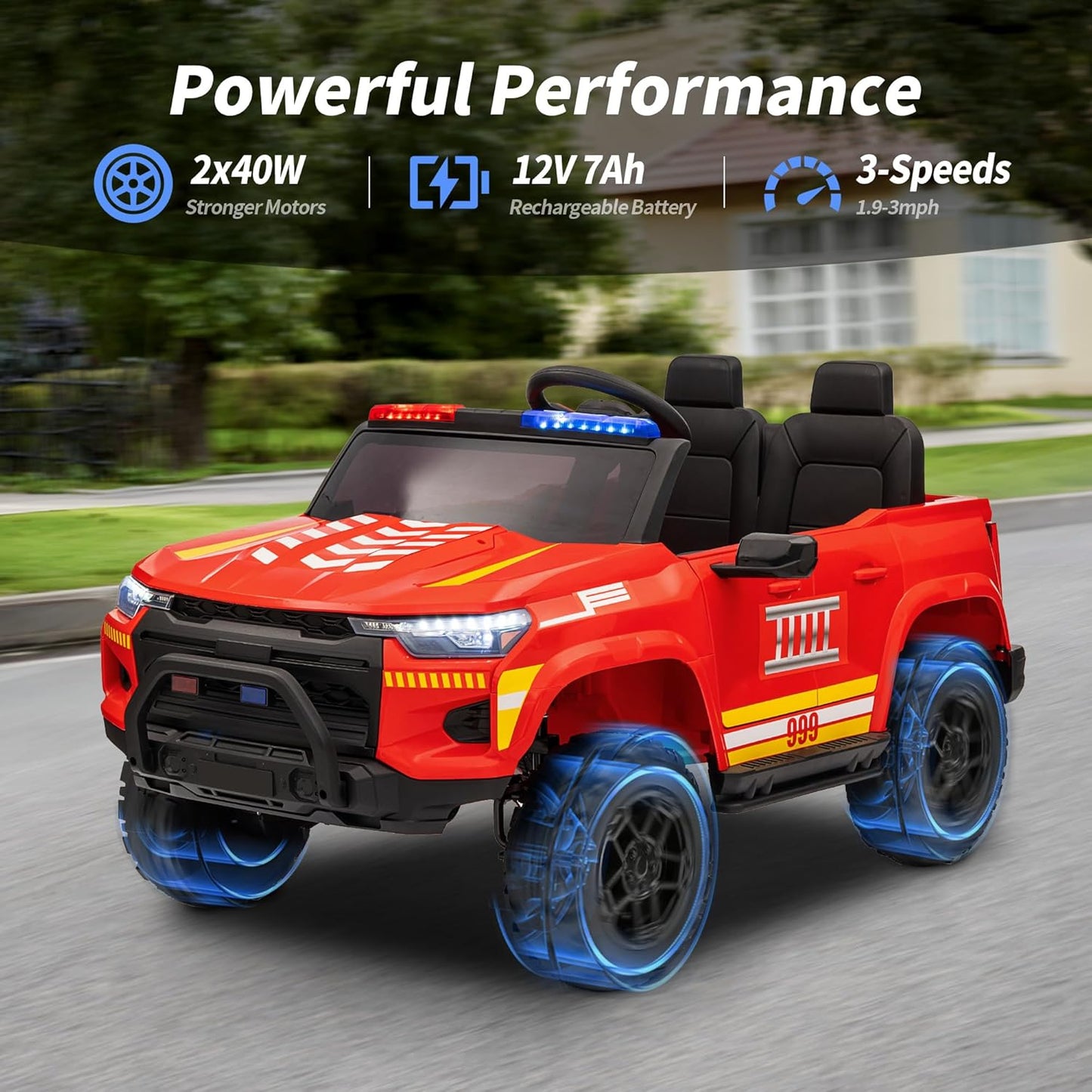 12V 7Ah Electric Fire Truck Ride-On Toy for Big Kids, 2 Seater Kids Ride on Car SUV w/Remote Control, Bluetooth - Red