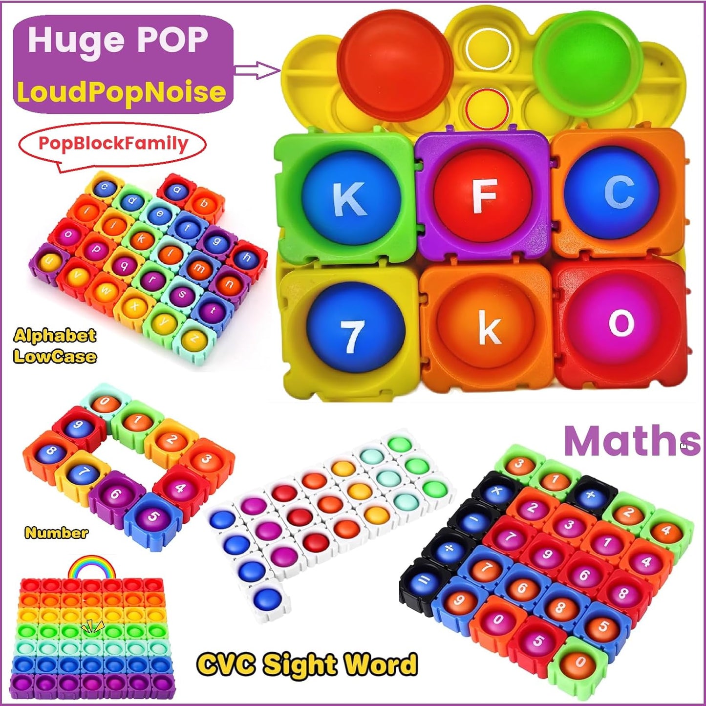 22PCS JeewLet-POP MultiSensory Pop-CVC-Fidget-Classroom-Toys。Funny Reading&Phonics Interactive Tools。Giant Rainbow Silicone Bubble&Loud Crisp Sound&DIY-Pops-Its-Fidget-Toys-Building-Block-Game