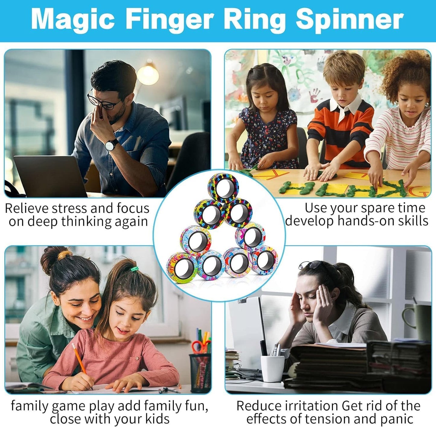 12Pcs Magnetic Rings Fidget Toys Spinner Set,Finger Magnet Rings Endless Hours of Fun ADHD Stress Relief Fidget Spinner for Relieve Anxiety Birthday for Adults Teens Kids