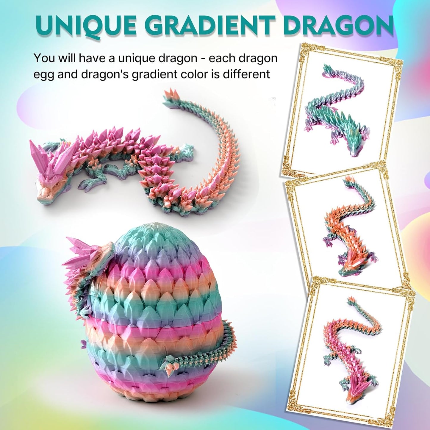 3D Printed Dragon in Eggs 12in Articulated Dragon Crystal Dragon Fidget Toy with Dragon Eggs Flexible Executive Desk Toys Home Office Decor (Crystal-Rainbow)