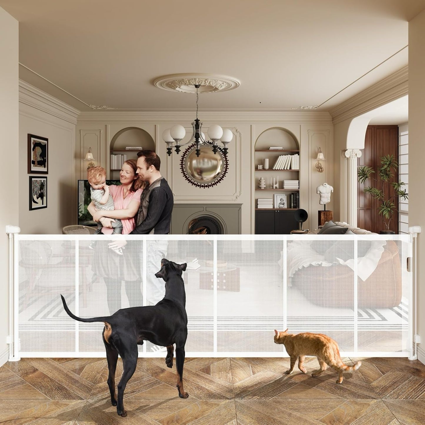 150" Extra Wide Retractable Baby Gates Dog Gate for Large Opening, 41" Extra Tall Mesh Pet Gate, Long Child Safety Gates with Fiberglass Rods for Stairways, Doorways, Hallways - Indoor/Outdoor Use