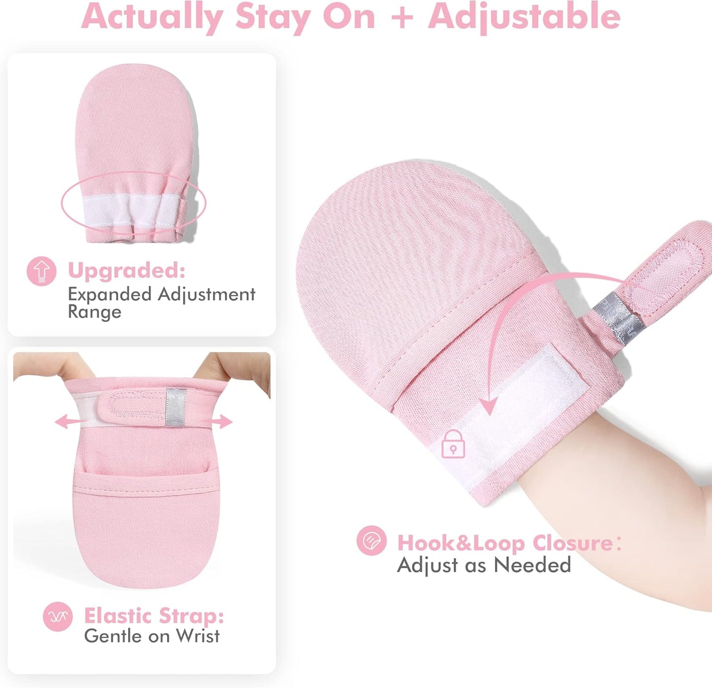 HAPIU Baby No Scratch Mittens Stay On, 100% Cotton Breathable, Adjustable Infant Gloves for Boys Girls, Newborn - 12 M