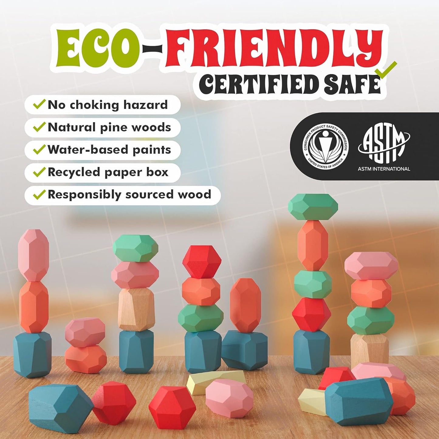 36 Pcs Wooden Stacking Blocks – Montessori Toys for 1 2 3 4 5 6 Year Old Toddlers and Kids, XL Rocks, No Choking Hazard – Sensory STEM Building Stones, for Girls and Boys