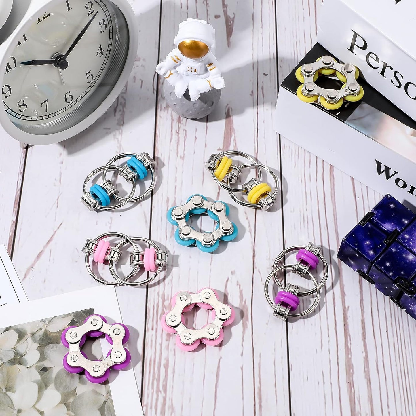 Hicarer 8 Pieces Fidget Toys Set includes 4 Flippy Roller Chain and 4 Six Roller Bike Chain Toys for Adults and Teenagers in Learning Help (Purple, Pink, Yellow, Light Blue)