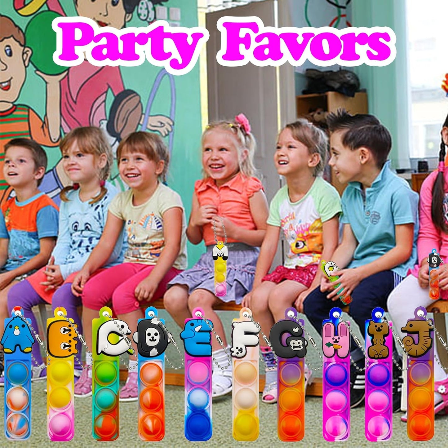 26 Pcs Mini Keychain Pop Fidget Toys for Kids, Birthday Party Favors for 3-5, 4-8, 8-12, Bulk Sensory Toys for Classroom Prizes, Party Supplies for Pinata Stuffers, Carnival Prizes (Letter)
