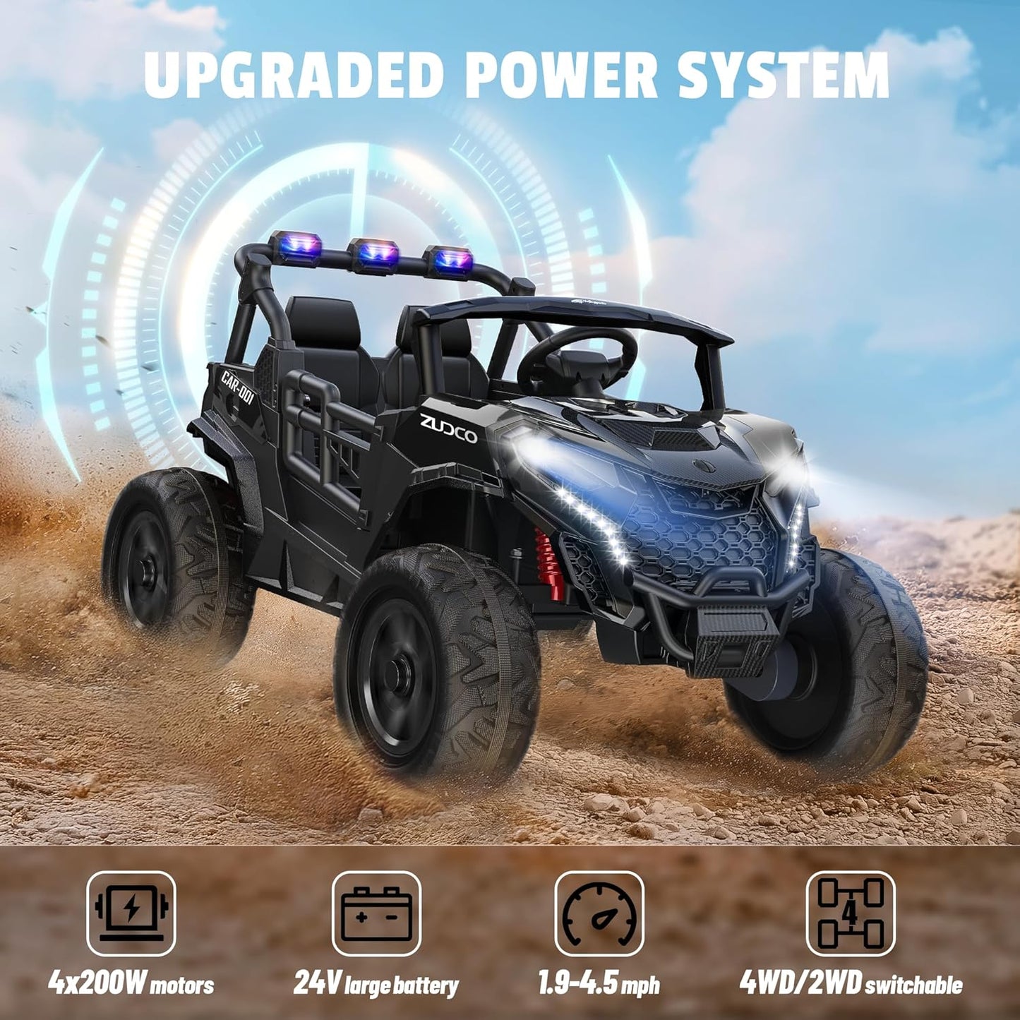 24V 2 Seater Ride on Car Truck, 4x200W, EVA Tires, 4WD/2WD, Rainbow Lights, Remote Control, Shock Absorbers, Bluetooth, Ride On UTV Toy for Kids Ages 3-8, Black