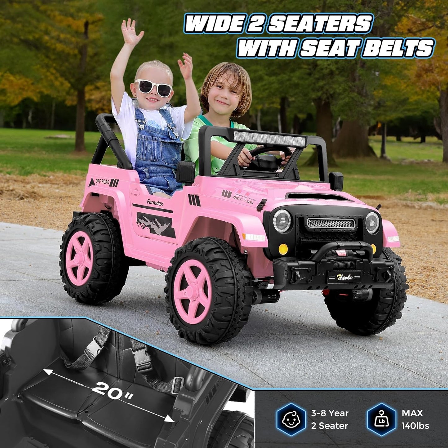 Hikole 24V Ride on Toys for Kids - 4WD/2WD Switchable 2 Seater Kids Electric Car with 4x200W Motors, Remote Control, 3 Speeds, LED Lights, MP3 Player, Safety Belt, Gift for Girls, Pink