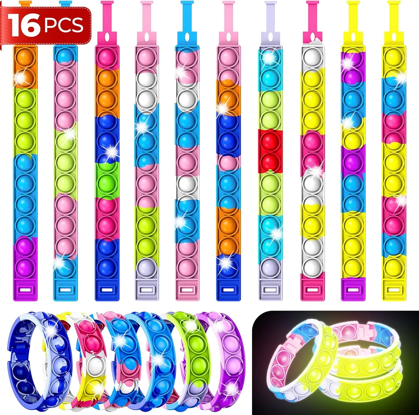 16 PCS Bracelets Glow in The Dark Pop it Fidget Toy, Rainbow Party Favors Wristband Set, Push Bubbles Sensory Pack Kids Ages 5 8 12 Adult Student Gift