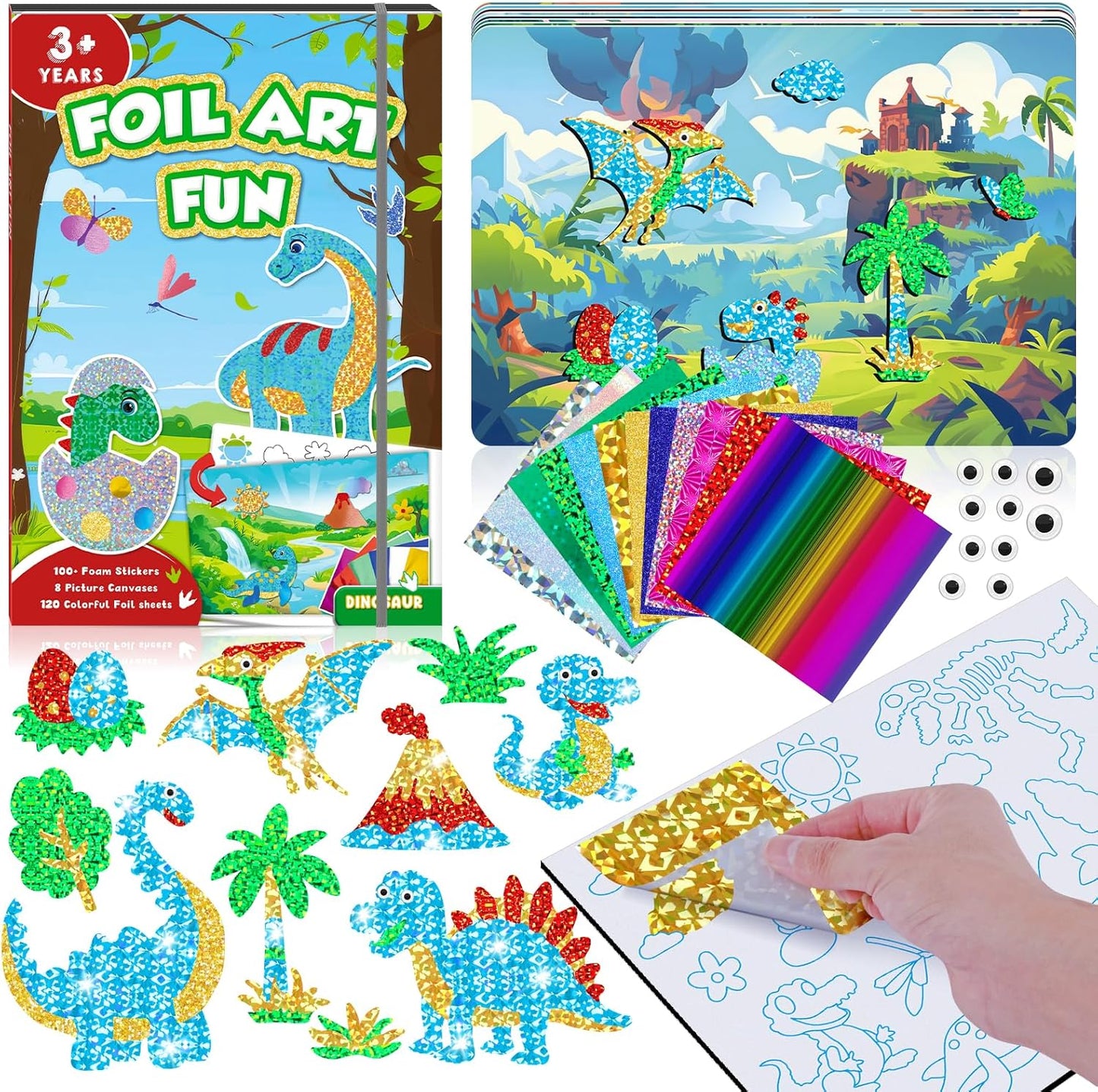 homicozy Art & Craft Activity for Kids-Foil Fun Dinosaur,No Mess Art Crafts for Girls,DIY Foil Foam Stickers,Creative Activity Kits,Kids Travel Toys,Gifts for Girls & Boys Ages 4-10
