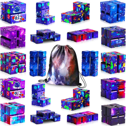 20 Pcs Galaxy Infinity Cube Toy Bulk with Drawstring Bag Mini Blocks Cube Gadget Sensory Toy Stress Anxiety Relief Magic Puzzle Flip Hand Held Fidget Blocks Party Stuffers for Kids Adults ADHD