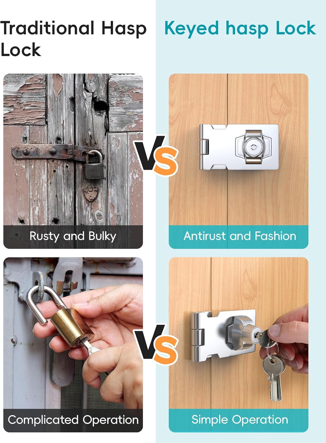 3 Inch Keyed Hasp Lock for Cabinets & Small Doors, Twist Knob Design, Heavy Duty Zinc Alloy with Chrome-Plated Iron, Includes Keys & Screws - Silver, 2 Pack