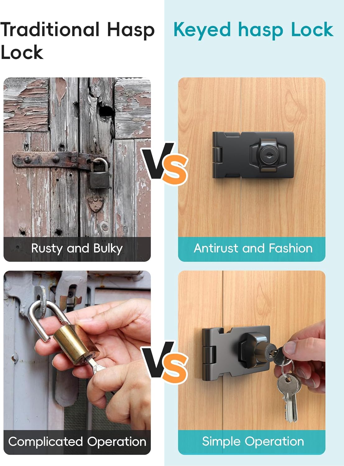 4 Inch Keyed Hasp Lock for Cabinets & Small Doors, Twist Knob Design, Heavy Duty Zinc Alloy with Chrome-Plated Iron, Includes Keys & Screws - Black, 3 Pack