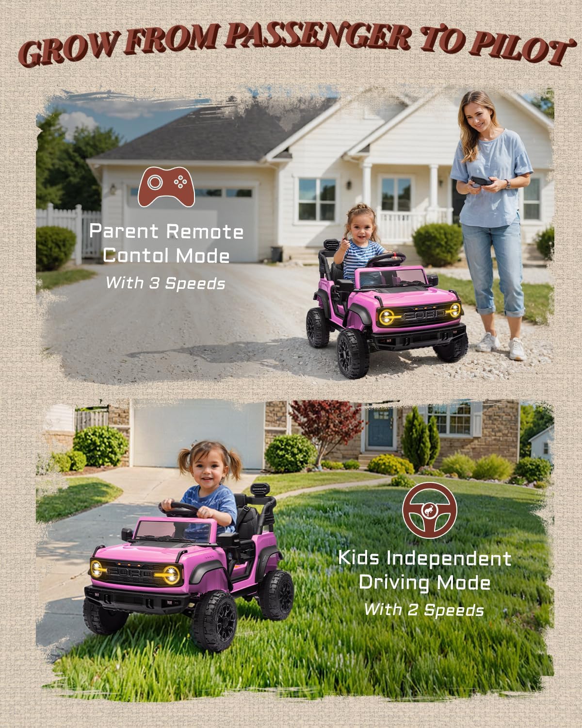 12V Electric Ride on Toys for Toddler, Ford Bronco Raptor Kids Ride on Car with Remote Control, 12 Volt Battery Powered Cars for Children with Smooth Start, Bluetooth (12V, Pink)