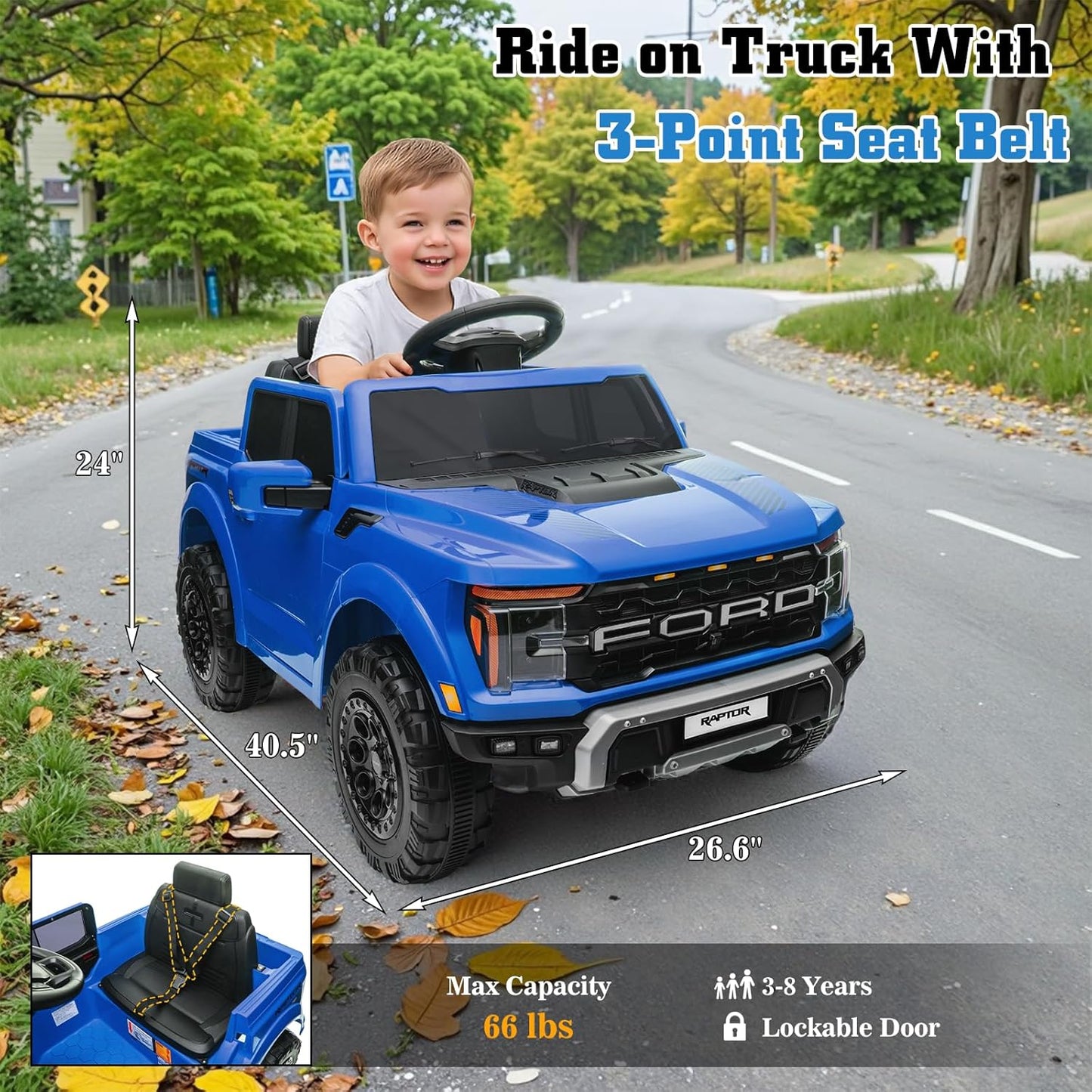 12V Ride on Car Licensed Ford F-150 Raptor, Kids Electric Car with Remote Control, LED Light/Music/MP3, Truck Bed Storage, 3-Point Seat Belt (12V, Blue)