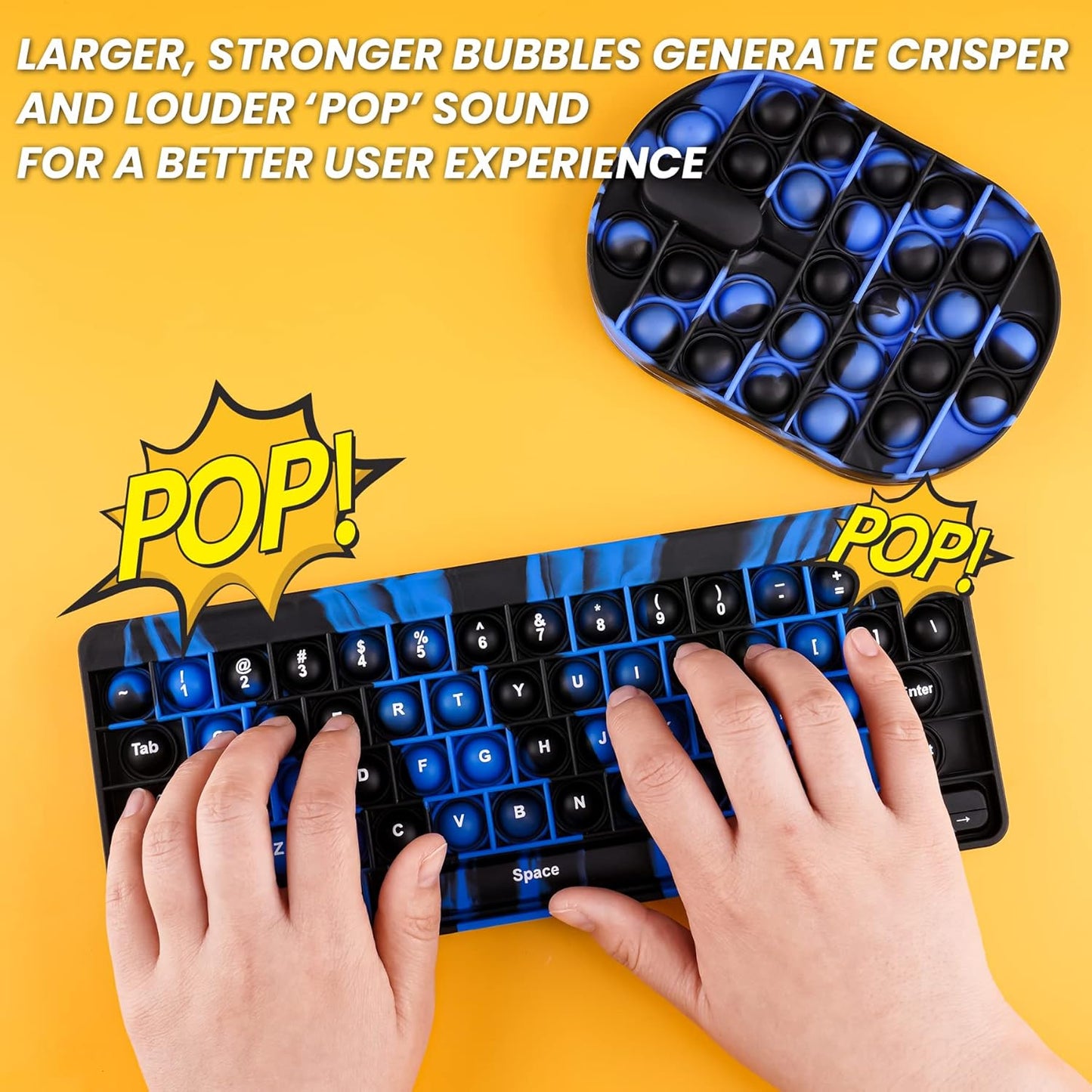 2PCS Mouse & Keyboard Push Pop Bubble Fidget Sensory Toys, Large Bubble Silicone Computer Accessory with Alphabet Number Squeeze Toy Stress Anxiety Relief Early Learning (Tie-Dye Blue/Black)