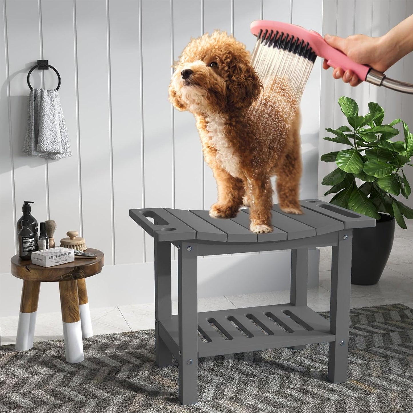 HDPE Shower Bench Stool for Inside Shower, Non-Slip Shower Stool for Shaving Legs with Storage Shelf, Waterproof Shower Chair Spa Bath Seat for Indoor & Outdoor Use (Gray)