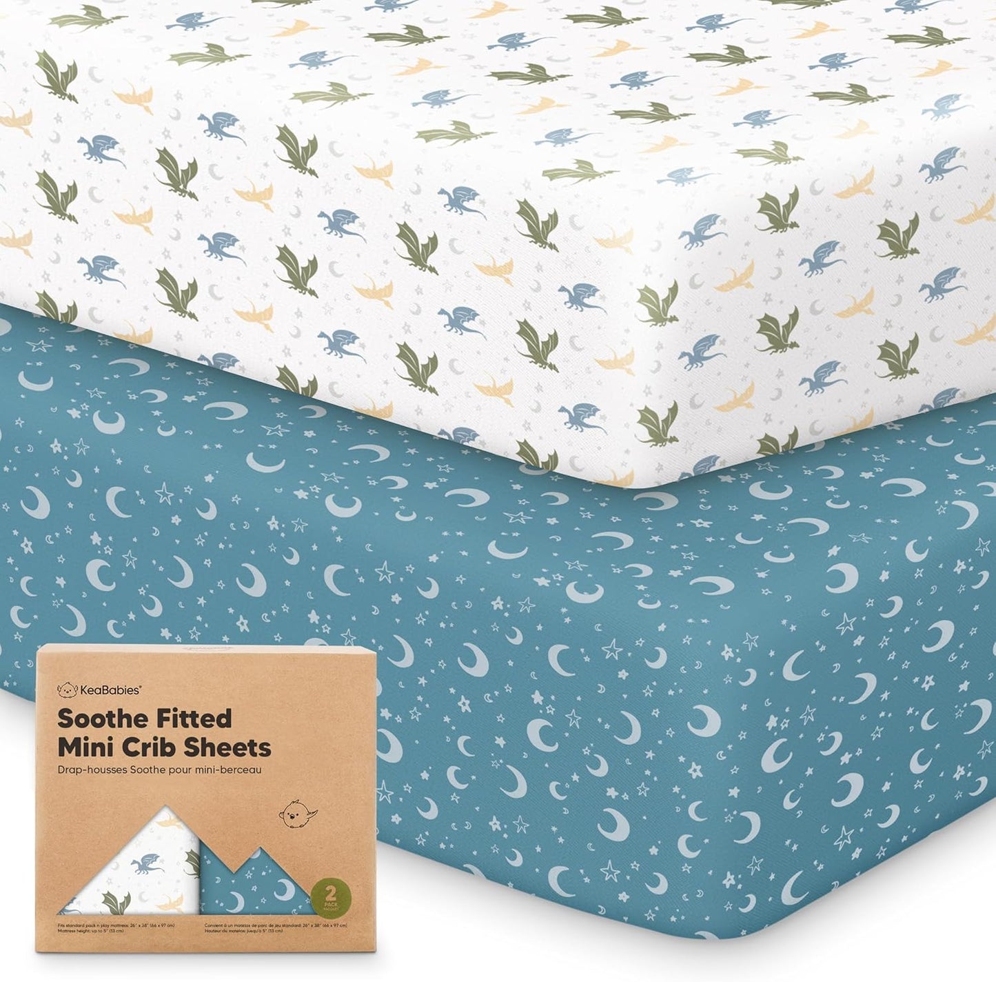 2-Pack Mini Crib Sheets Fitted - 38x26 Pack N Play Sheets for Pack and Play Mattress, Organic Cotton, Soft & Breathable Playard Bedding, Neutral Mini Toddler Bed Cover for Boys, Girls (Dragon Tale)