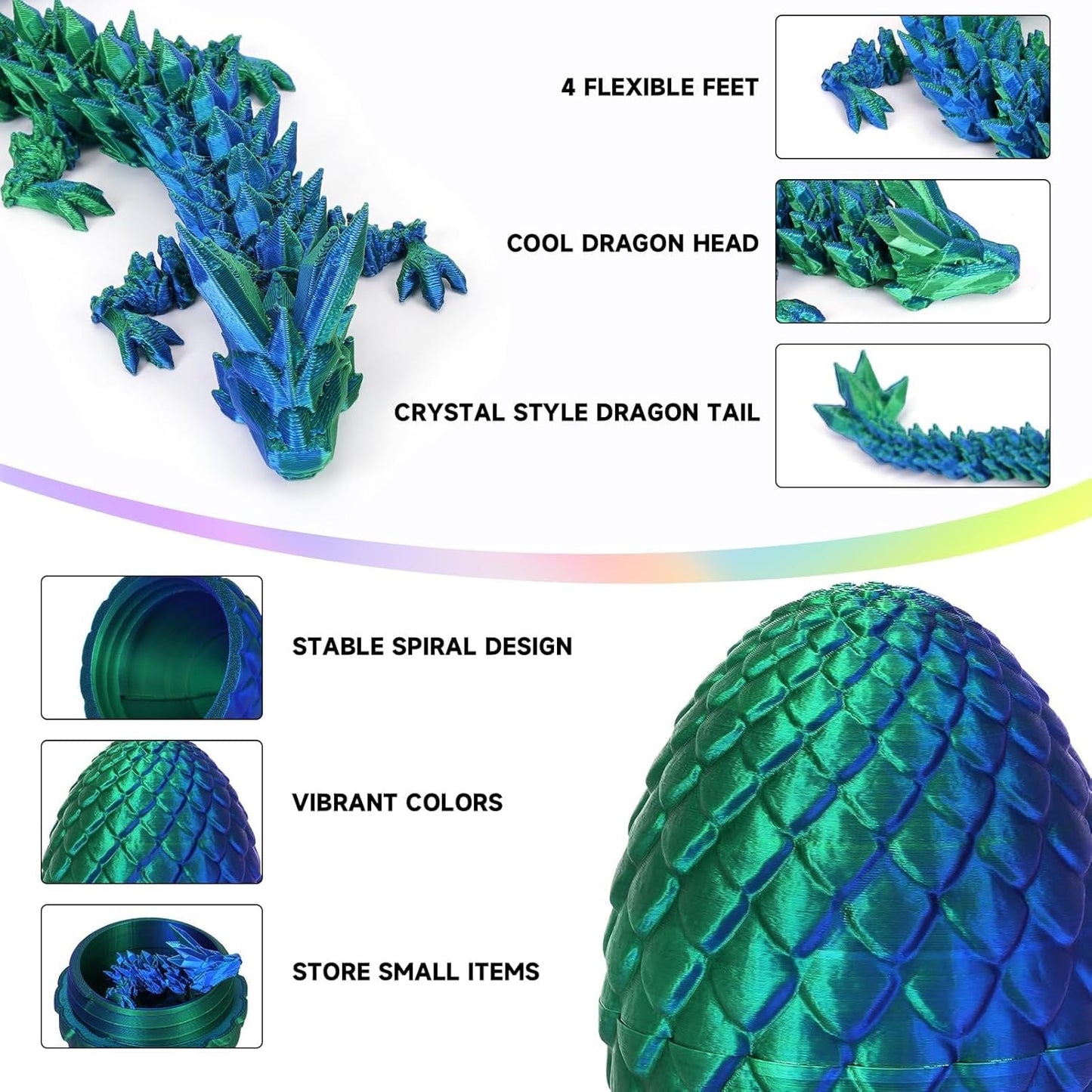 3D Printed Dragon Egg, Dragon Eggs with Dragon Inside, Crystal Articulated Dragon, Mystery Dragon Egg Fidget Toy, 3D Dragon Eggs Surprise Fidget Toy (Laser Green)