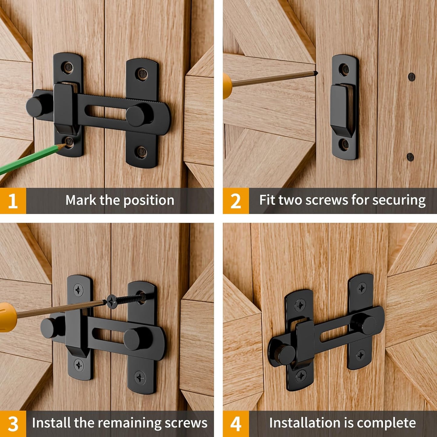 2PCS 180 Degree Matte Black Bifold Latch Flip Sliding Barn Door Latches, Gate Latch for Barn Door, Sliding Door, Pet Door, Garage, Bathroom, Window, Outdoor