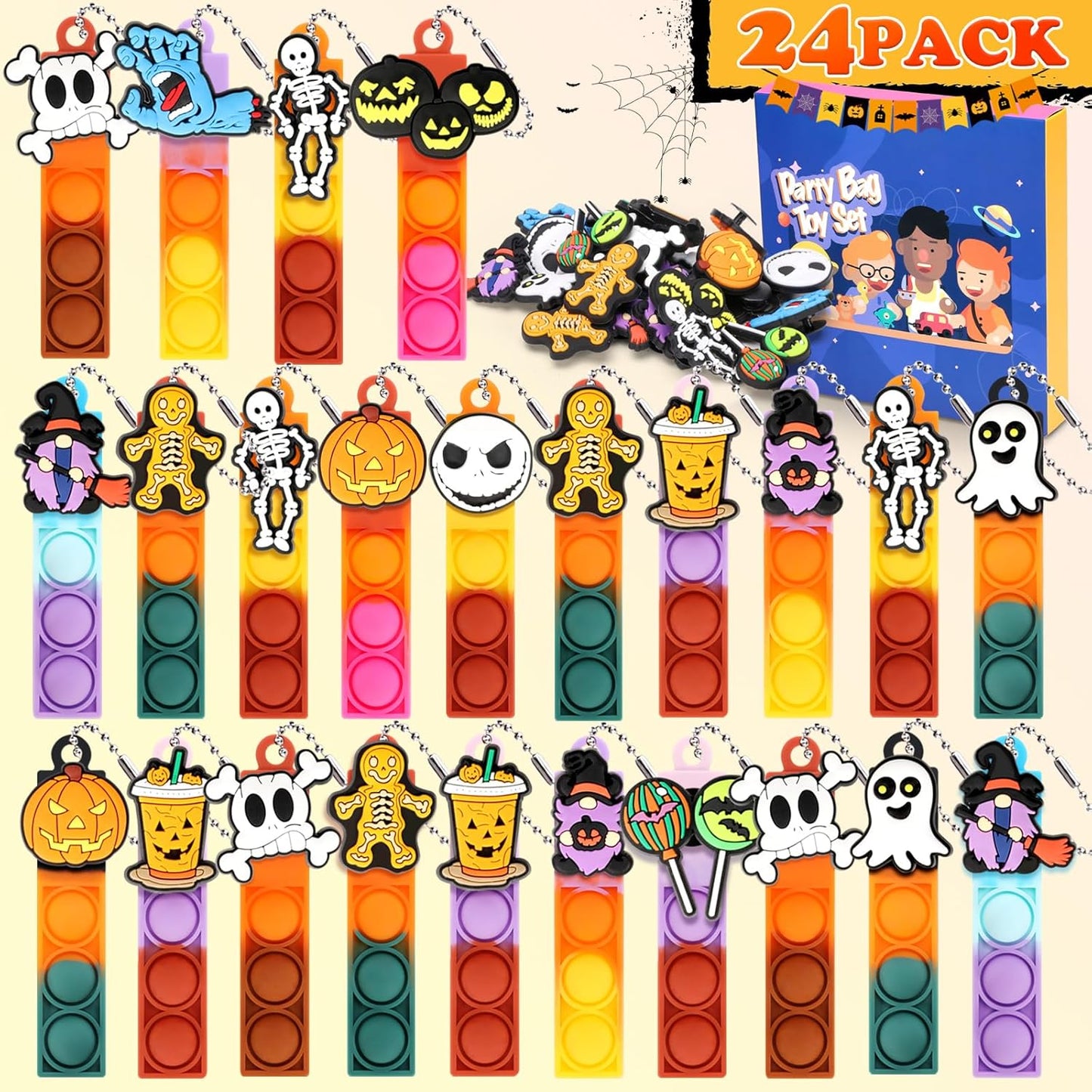 24pcs Halloween Mini Pop Fidget Toys Bulk Halloween Party Favors for Kids Pop Keychain Sensory Toys Bag Fillers Pop Toddler Birthday Carnival Treasure Classroom Prizes Stress Reliever Desk Toys