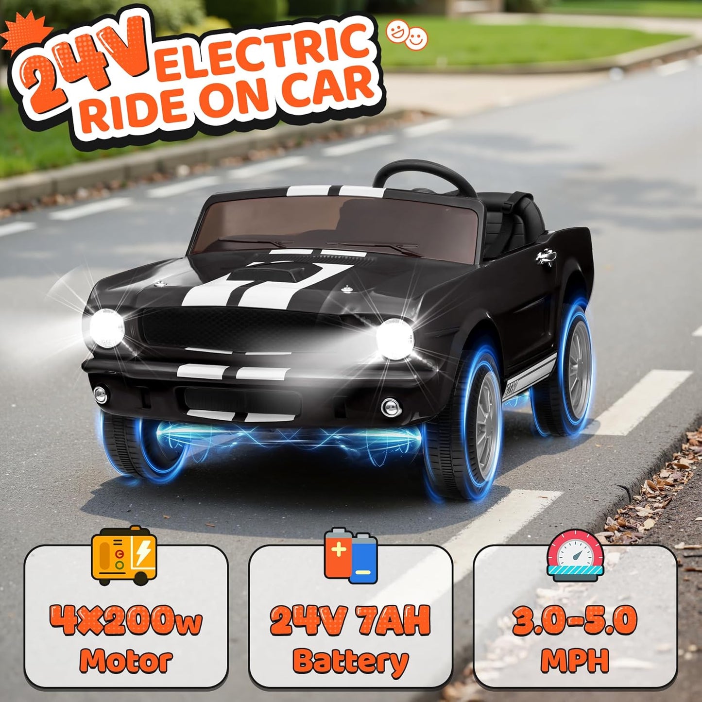 24V 2 Seater Ride on Toys, Licensed Shelby Cobra Kids Power Car Wheeler Ride On Toy w/ 2WD/4WD Switchable, Remote Control, 19" Spacious Seat, 4 Spring Suspension, Music, Bluetooth