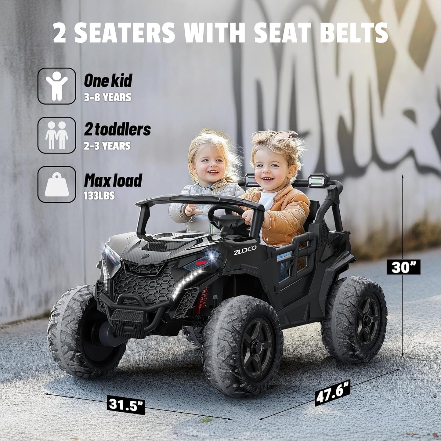 24V 2 Seater Ride on Car Truck, 4x200W, EVA Tires, 4WD/2WD, Rainbow Lights, Remote Control, Shock Absorbers, Bluetooth, Ride On UTV Toy for Kids Ages 3-8, Black