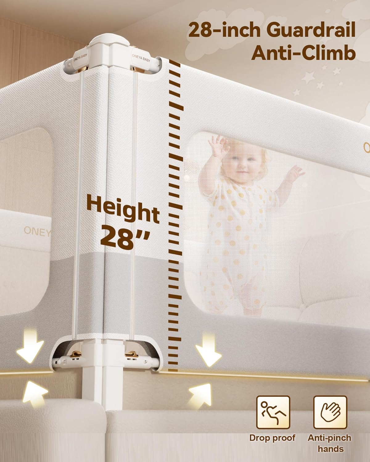 3 Piece Bed Rails for King Size Bed, No-Drill Needed Baby Bed Rail Guard for Toddlers with Height Adjustable, Thickened Child Safety Side Railing Guards/Bedrail for Kids, White/Grey, 74.8x78.7x78.7in