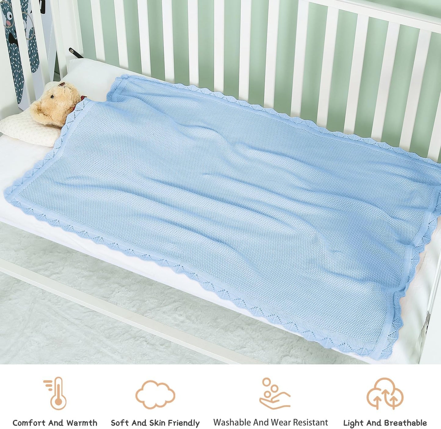 100% Cotton Baby Blanket Knit Lace Soft Warm Toddler Blanket,30 x 40 Inches，Sky Blue