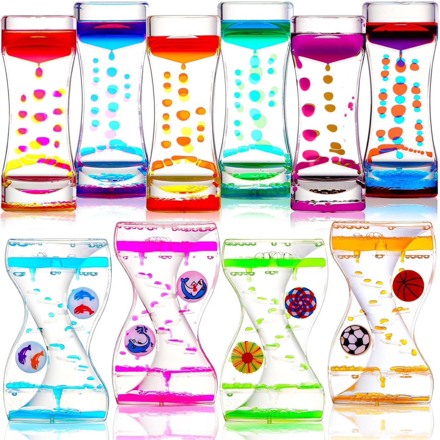 10 Pack Liquid Motion Bubbler Timer for Kids and Adults, 2 Types Calming Fidget Toy Colorful Hourglass Desk Decor Timer Oil Water Liquid for Adhd Anxiety Autism Sensory Play Classroom Prize