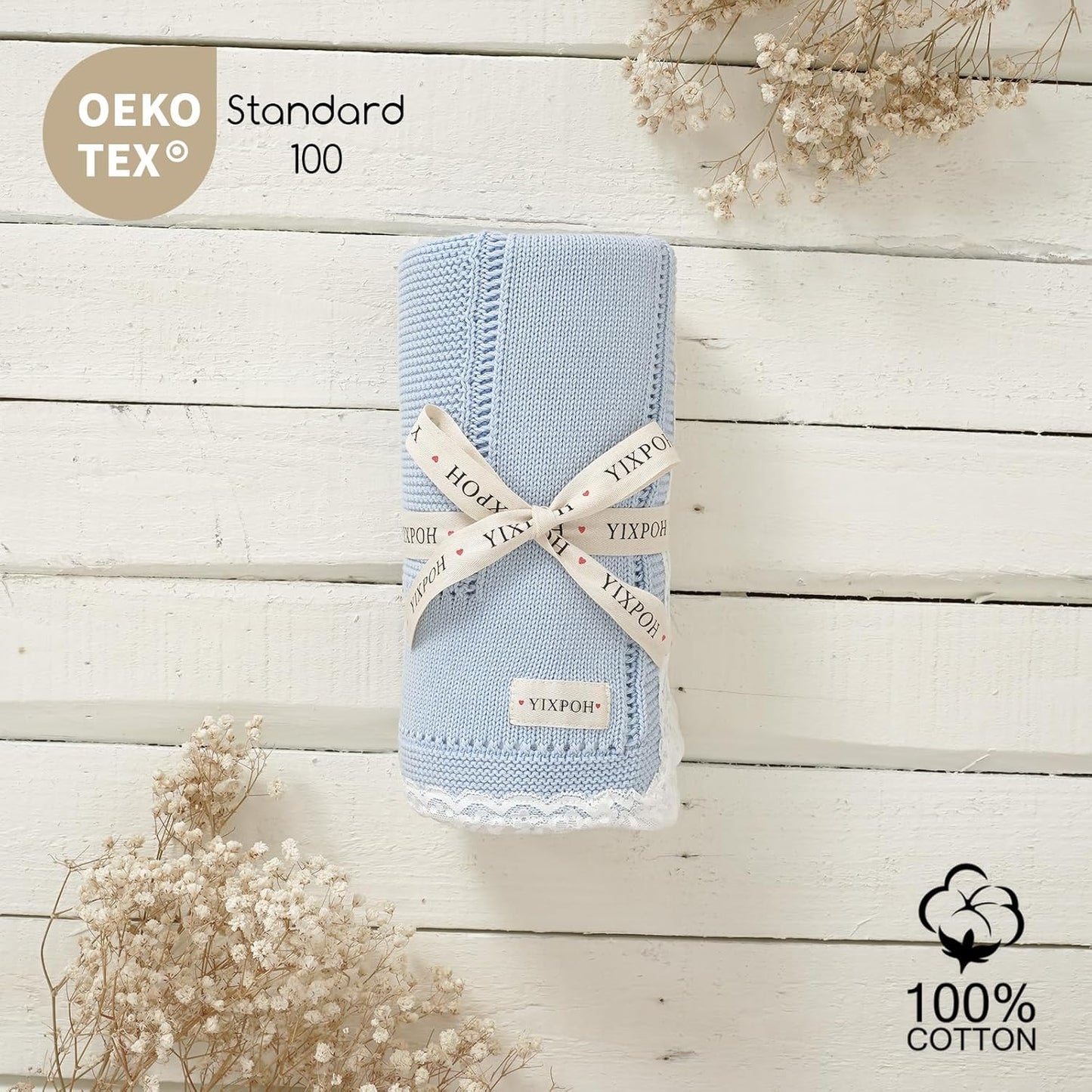 100% Organic Cotton Baby Blanket Knitted Softer Receiving Swaddle Warm Cozy Cuddle Crib Blanket for Newborns Infants Toddlers Boy and Girls Sky Blue