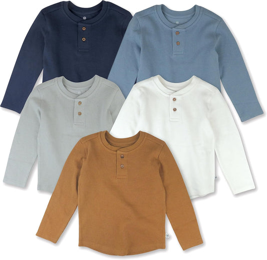 HonestBaby 5-pack Waffle Henley Long Sleeve Shirts 100% Organic Cotton for Infant Baby and Toddler Boys, Unisex