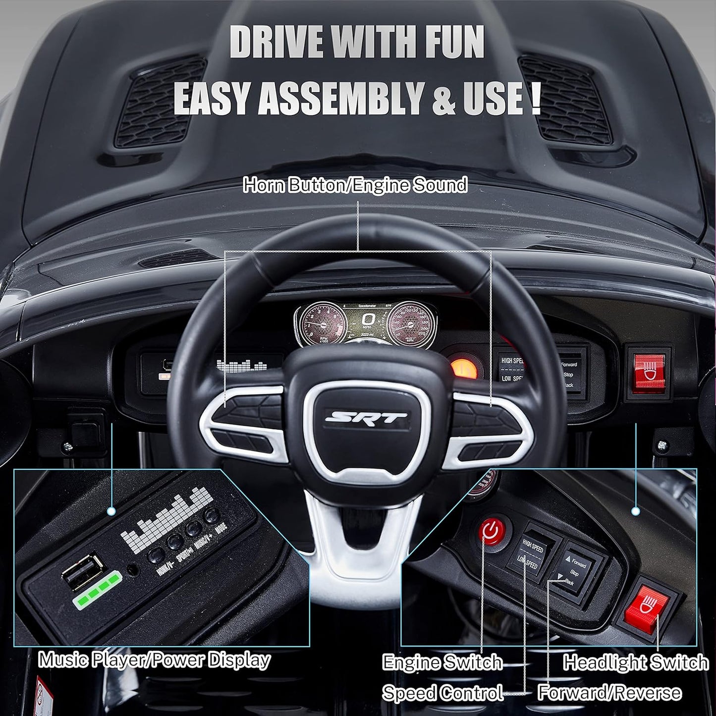 12V 7Ah Kids Electric Ride on Car, Licensed Dodge Charger SRT Hellcat, Battery Powered 4-Wheels Toy Car Electric Vehicle for Kids with Remote Control, 3 Speeds, LED Lights, Music (Black)