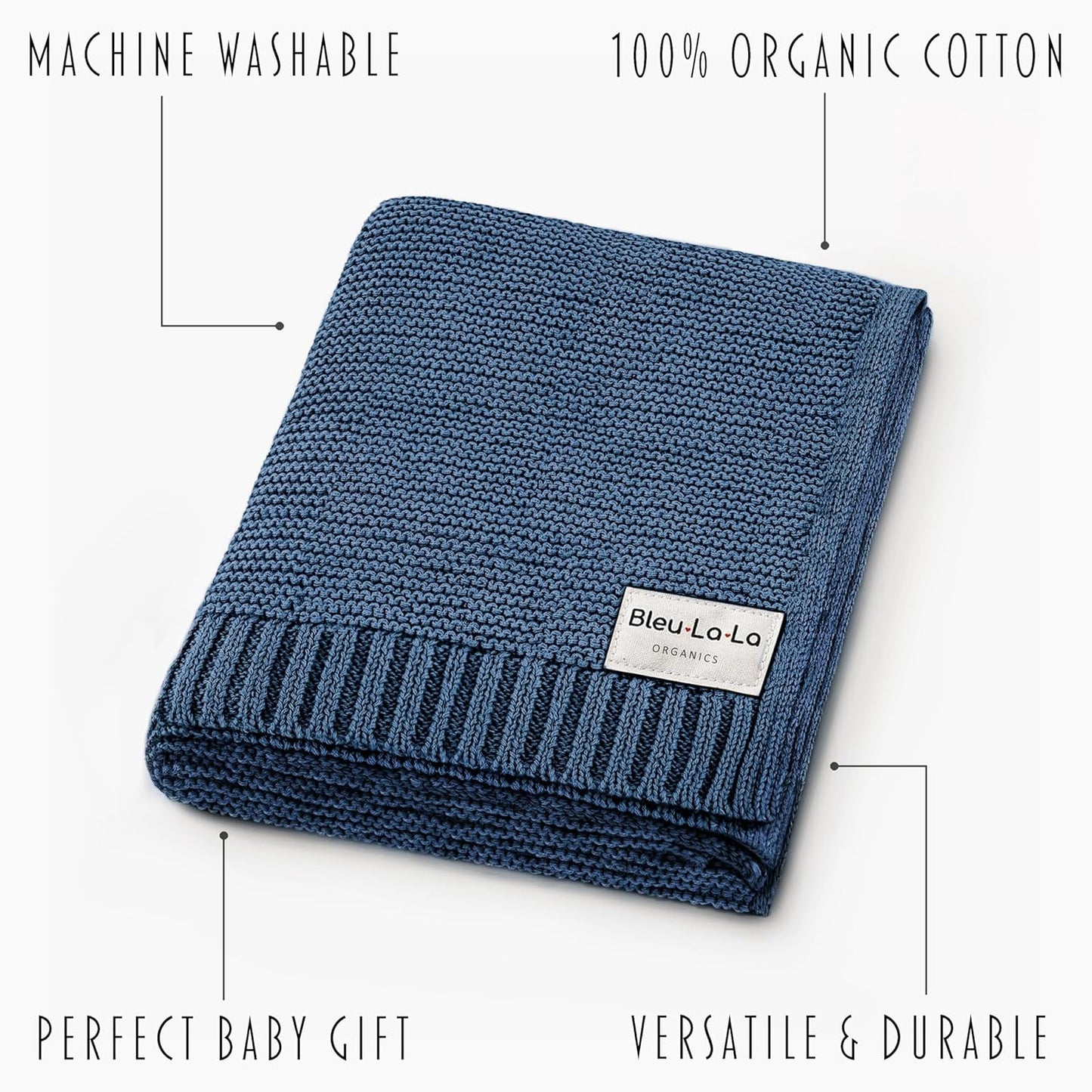 Heritage Knit Organic Cotton Receiving Swaddle Blanket for Boys - 100% Organic Soft Luxury Cotton Warm Cuddle Swaddling Crib Blanket for Newborns Infants Toddler (0-2Yrs - Denim Blue)