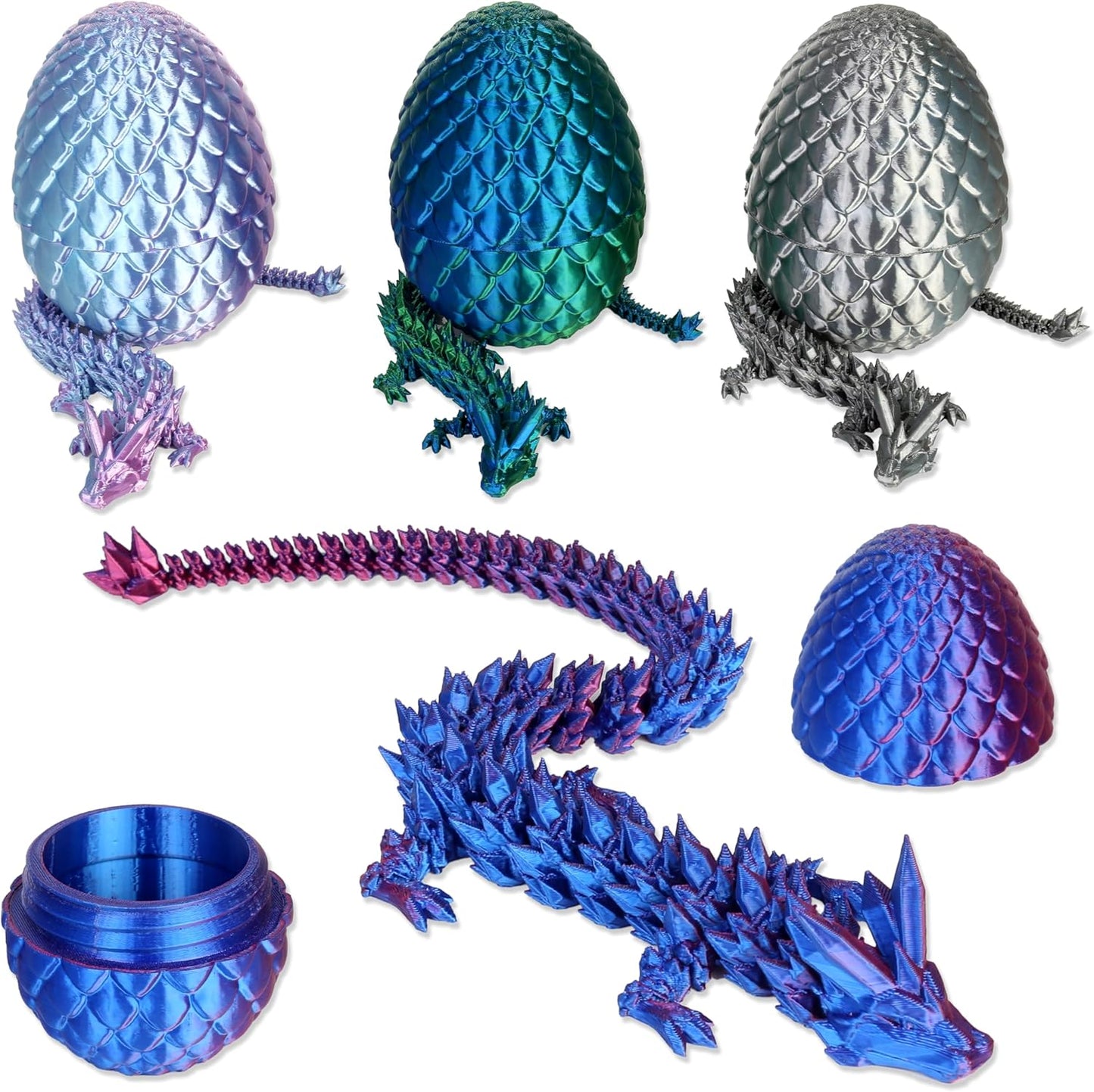 2024 New 3D Printed Dragon in Eggs, 12" Rainbow Crystal Articulated Dragon Fidget Toy for Adult, Easter Eggs Filled with Toys, Home Office Decor Executive Desk Toys (Green)