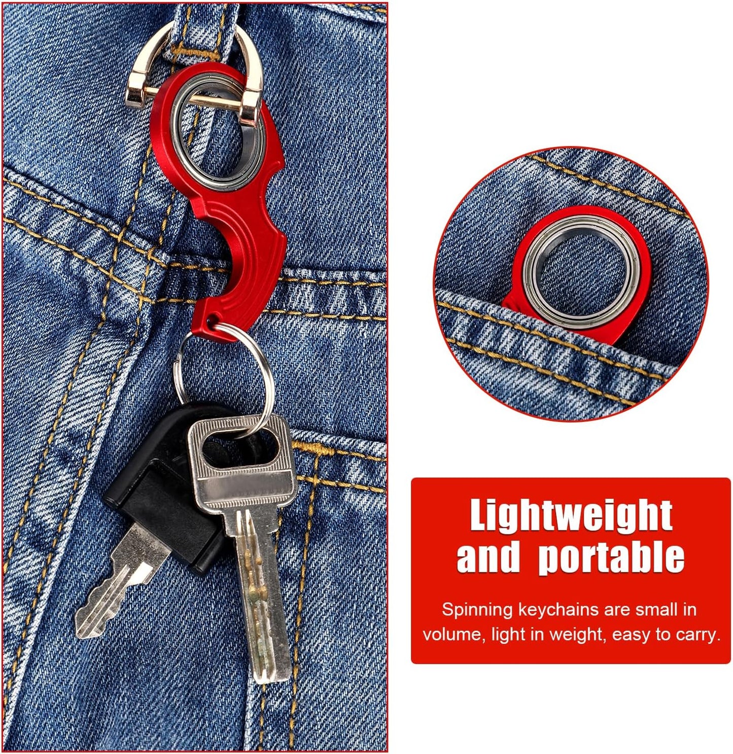 2pcs Key Chain Spinner Fidget Toy, Portable Finger Spinning Keychain with 2pcs Key Ring Funny Key Holder Toys for Adults Teens Finger Exercising (Red)