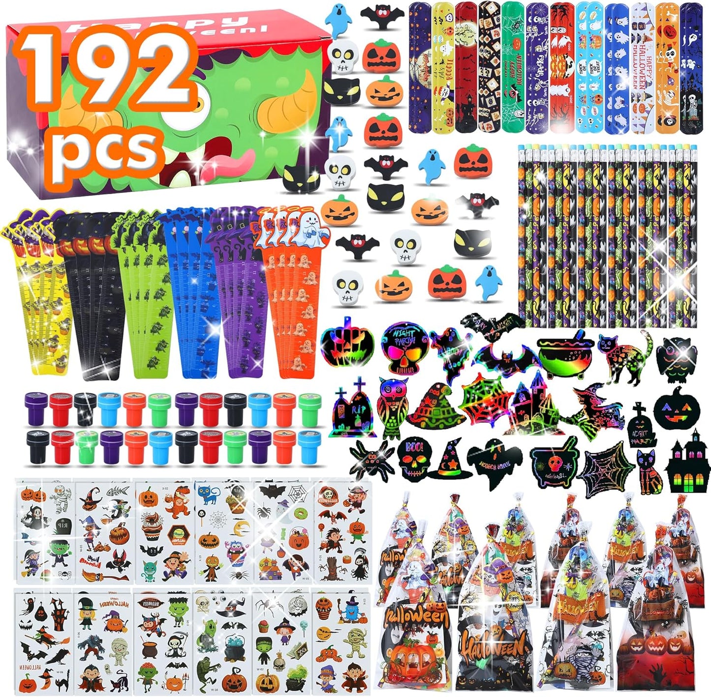 192Pcs Halloween Favors Stationery Gift Set, Trick or Treat Gifts for Kids, 24 Pack Halloween Party Favors for Kids Classroom Prizes Bulk Halloween School Supplies Goodie Bag Stuffers Fillers.