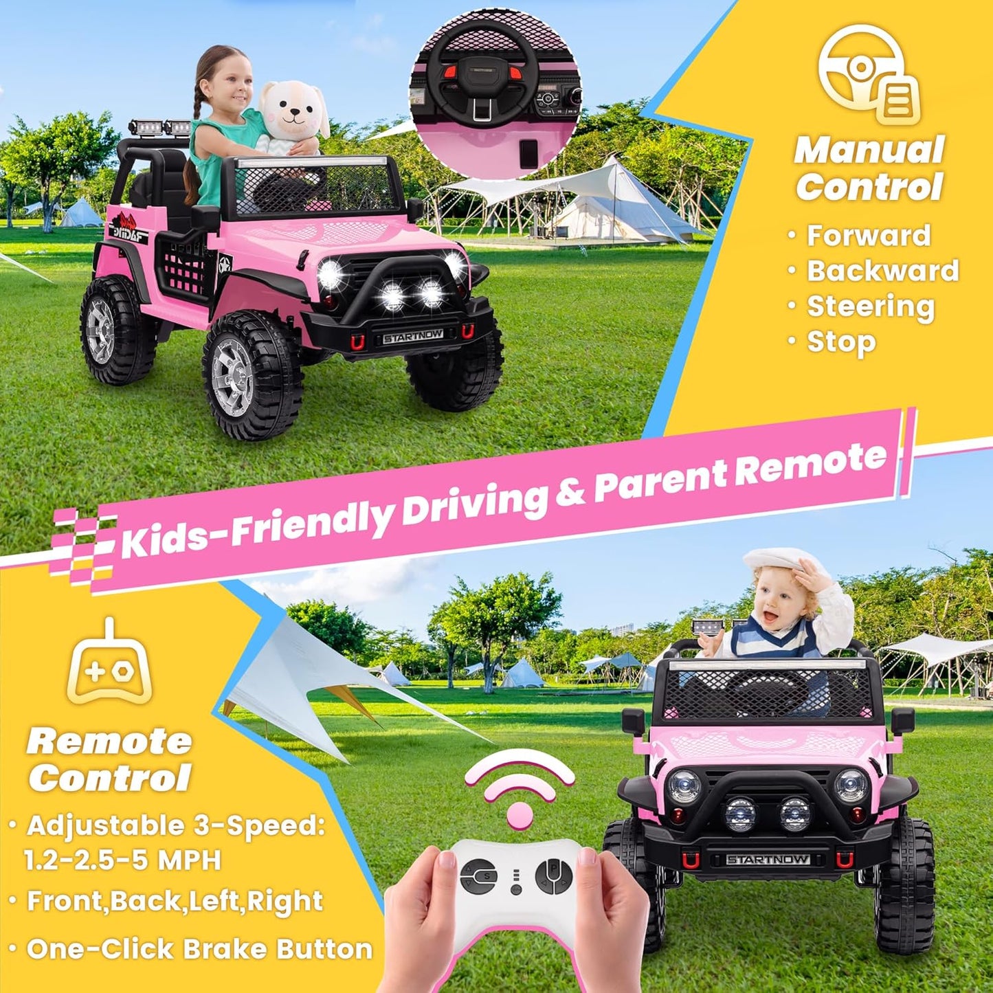 24V 4WD Ride on Truck Car w/800W Motors, Gift Flower, Remote Control, 2 Seaters, Light Bar, 3 Speeds, Pop Music, Power Four Wheels, 25 Volt Ride on Toy Car for Big Kids, Pink