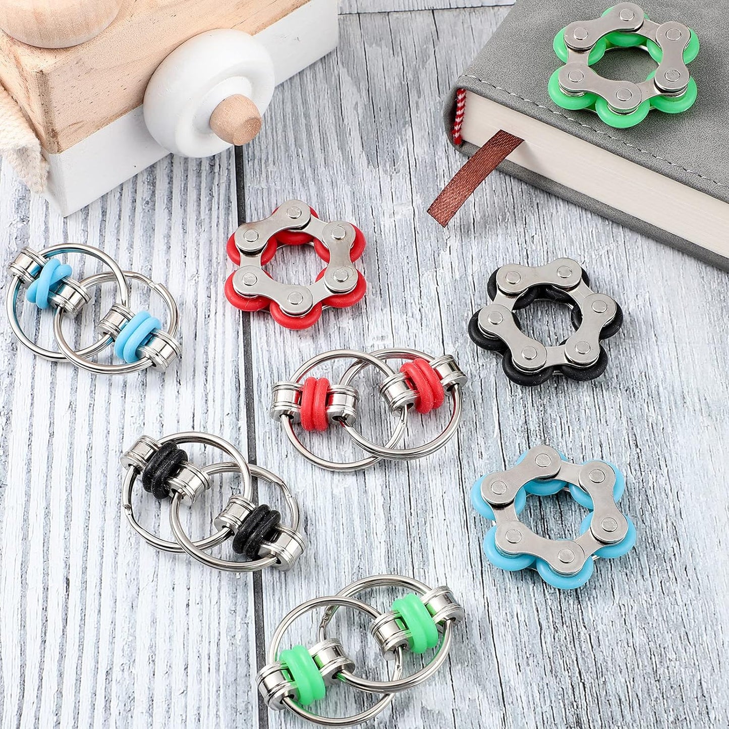 Hicarer 8 Pieces Fidget Toys Set includes 4 Flippy Roller Chain and 4 Six Roller Bike Chain Toys for Adults and Teenagers in Learning Help (Red, Sky Blue, Green, Black)