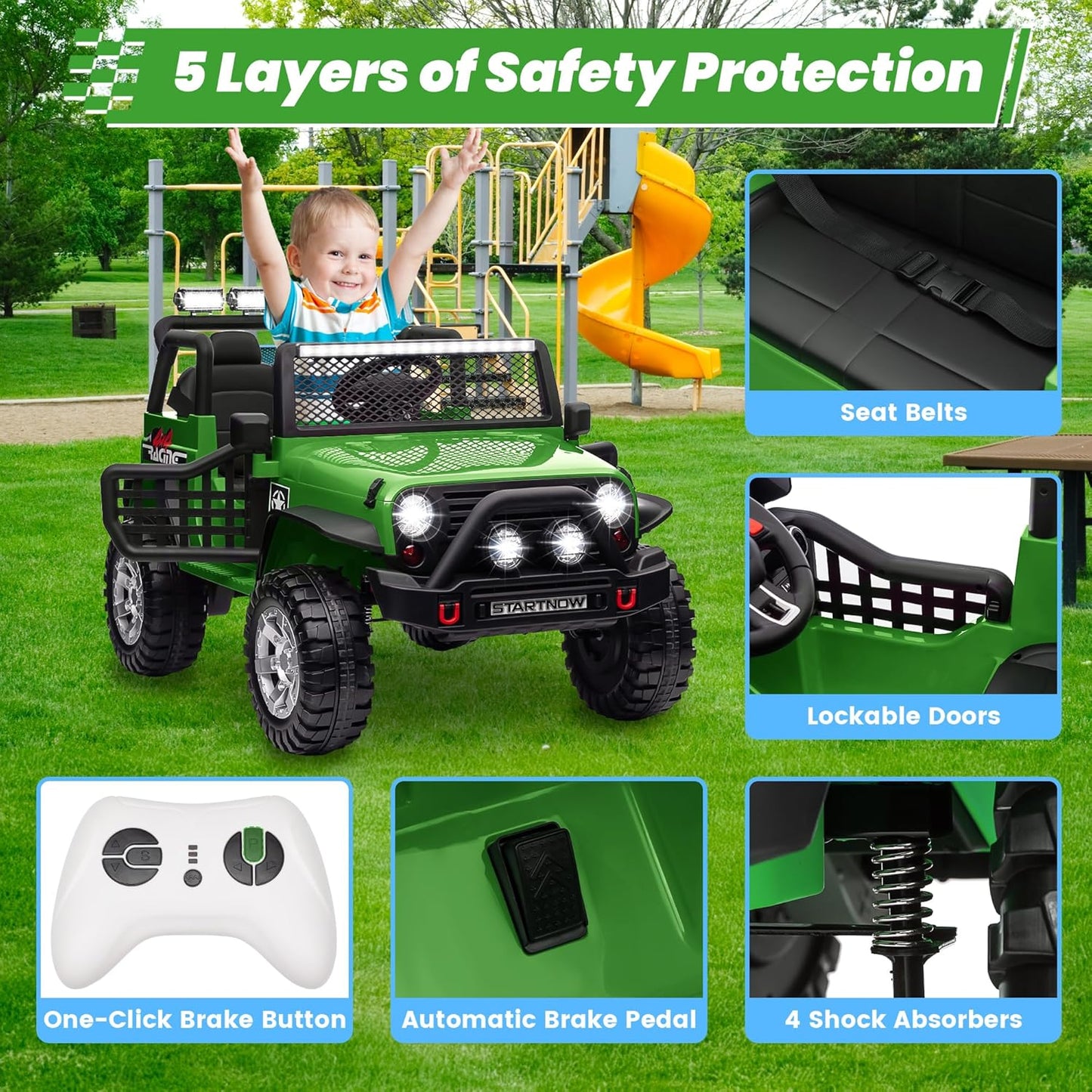 24V 4WD Ride on Truck Car w/800W Motors, Gift Flower, Remote Control, 2 Seaters, Light Bar, 3 Speeds, Pop Music, Power Four Wheels, 24 Volt Ride on Toy Car for Big Kids, Green