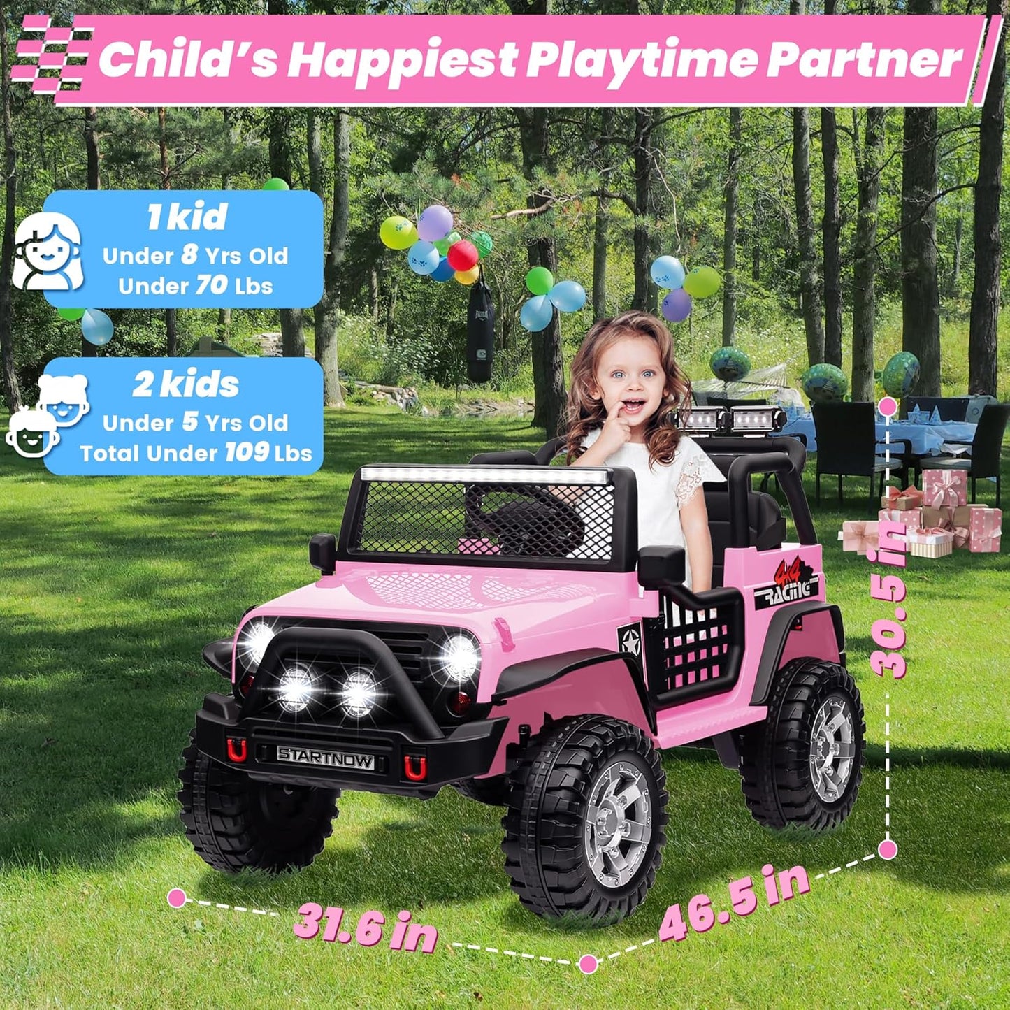 24V 4WD Ride on Truck Car w/800W Motors, Gift Flower, Remote Control, 2 Seaters, Light Bar, 3 Speeds, Pop Music, Power Four Wheels, 25 Volt Ride on Toy Car for Big Kids, Pink
