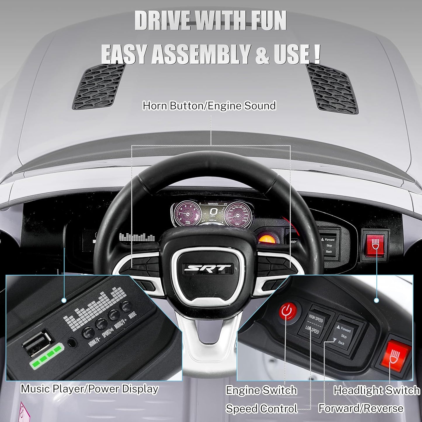 12V 7Ah Kids Electric Ride on Car, Licensed Dodge Charger SRT Hellcat, Battery Powered 4-Wheels Toy Car Electric Vehicle for Kids with Remote Control, 3 Speeds, LED Lights, Music (White)