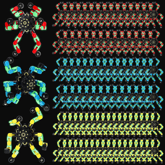 100 Pcs Funny Sensory Fidget Toy Bulk Transformable Chain Robot Finger Toys Fidget Spinners Stress Relief Fingertip Gyro Deformable Mechanical Spiral Twister Spinner Toy for Adult Kids ADHD (Glow)